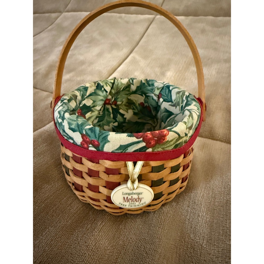 Longaberger 2003 Melody Tree Trimming Basket Red Green Woven Holly Liner Tag